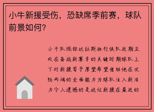 小牛新援受伤，恐缺席季前赛，球队前景如何？